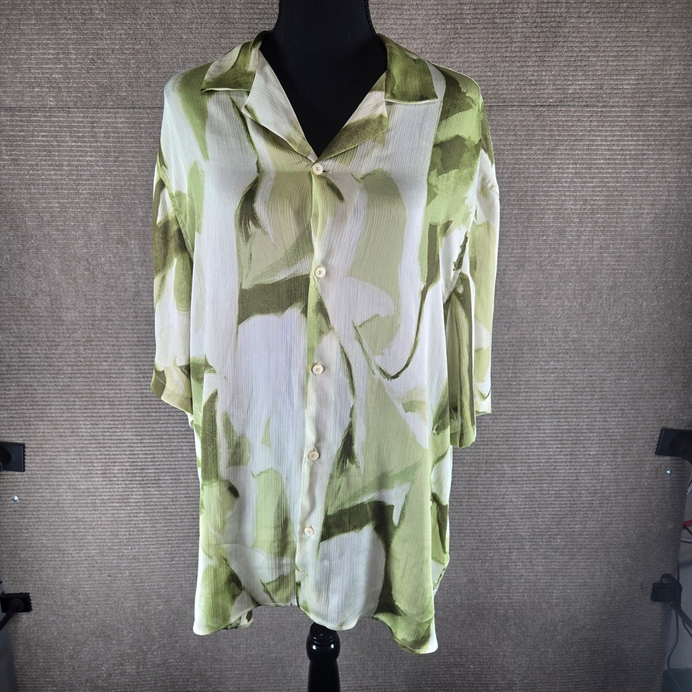 Zara Mens XL Green Abstract Leaf Print Short Sleeve Camp Collar Button Up Shirt